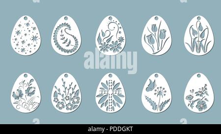 Vector illustration. Les oeufs de Pâques pour les vacances de Pâques. Ensemble d'œufs de Pâques papier autocollants. Coupe au laser Illustration de Vecteur