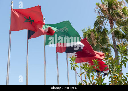 Drapeaux de MENA (Moyen-Orient et Afrique du Nord sur une série de mâts de drapeaux nationaux, notamment du Maroc, Koweït, Arabie saoudite, Émirats arabes unis, Banque D'Images