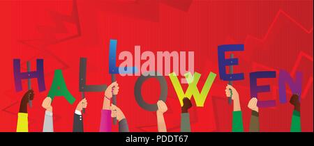 Mains tenant diverses lettres de l'alphabet créé le mot Halloween. Vector illustration. Illustration de Vecteur