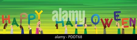 Mains tenant diverses lettres de l'alphabet créé le mot Happy Halloween. Vector illustration. Illustration de Vecteur