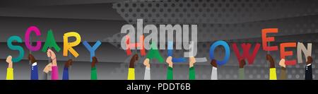 Mains tenant diverses lettres de l'alphabet créé le mot Scary Halloween. Vector illustration. Illustration de Vecteur
