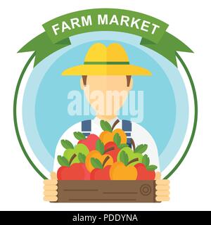 Cueillette de pommes, l'homme avec logo Apple. Caractères d'agriculteurs Illustration de Vecteur