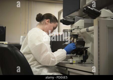 Le sergent de l'US Air Force. Renee Delgado, 18e Groupe médical Technicien de laboratoire, prépare une diapositive pour examen le 14 mai 2018, à Kadena Air Base, au Japon. Le laboratoire est destiné à fournir aux médecins des informations de diagnostic plus précis que ce qui peut être déterminé par des symptômes de base. Banque D'Images