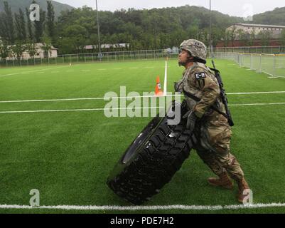 Circuit de l'armée américaine. Samera Taylor, originaire de Lake City, FL, affecté à la 1re Brigade du signal, effectue à l'inverse des pneus Test d'aptitude physique au cours de la 8 e armée 2018 Concours meilleur guerrier, qui s'est déroulée au Camp Casey, République de Corée, le 17 mai 2018. Le huitième meilleur guerrier de l'Armée de la concurrence est tenu de reconnaître et de sélectionner les plus qualifiés se sont enrôlés et junior sous-officier pour représenter 8 e armée à l'armée américaine meilleur guerrier Pacifique compétition à Schofield Barracks, HI. Le concours permettra également reconnaître l'agent les plus performants, l'adjudant et augmentation coréen t Banque D'Images