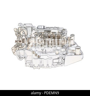 Dessin technique d'une voiture moderne isolé de boîte de vitesses du moteur Banque D'Images
