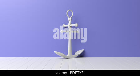 Concept marin. Ancre bateau blanc isolé sur un plancher en bois blanc, bleu wall background. 3d illustration Banque D'Images