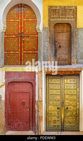 Collage de vieux bois traditionnels finement sculptée et portes marocaines cloutés Banque D'Images