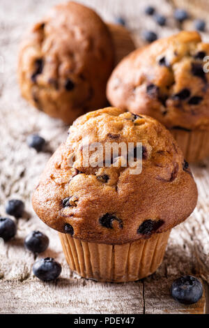 Des délicieux muffins aux bleuets sur une table en bois rustique. Banque D'Images