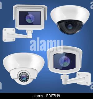 Caméra de sécurité définie. Mur et plafond système de surveillance CCTV sur fond bleu Illustration de Vecteur