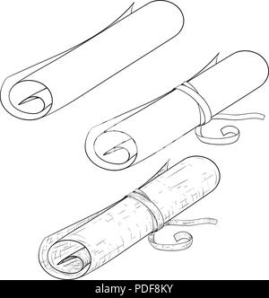 Rouleaux de parchemin. Croquis dessinés à la main, Illustration de Vecteur