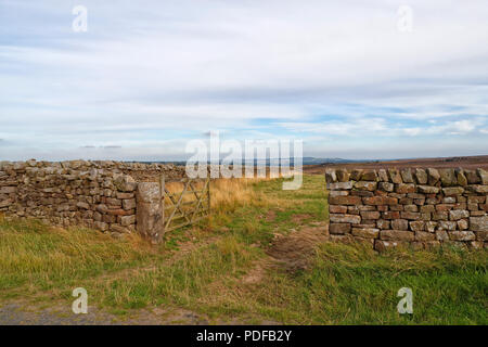 Les murs en pierre sèche autour d'un champ avec la porte ouverte dans la belle région de Nidderdale Banque D'Images