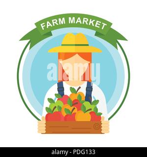 Cueillette de pommes, logo femme avec Apple. Les agriculteurs des caractères. Illustration de Vecteur