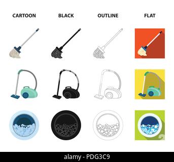 Une vadrouille avec une poignée pour laver les planchers, un aspirateur vert, une fenêtre d'une machine à laver avec de l'eau et de mousse, une bouteille avec un agent de nettoyage. Cle Illustration de Vecteur