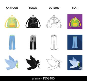 Une feuille de cannabis, une colombe, un jean, un sac à dos.collection set Hippy en icônes cartoon,Black,télévision,contour symbole style vector illustration d'actions. Illustration de Vecteur