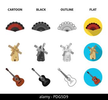 Fan espagnol, moulin, guitare, jupe pour les danses espagnoles. Pays Espagne collection set icônes de cartoon,Black,télévision,contour symbole vecteur style sto Illustration de Vecteur