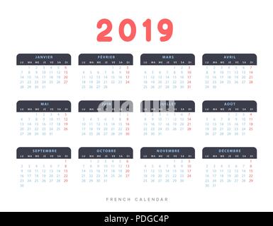 Simple calendrier pour 2019 ans, d'une semaine commence le lundi. Illustration de Vecteur