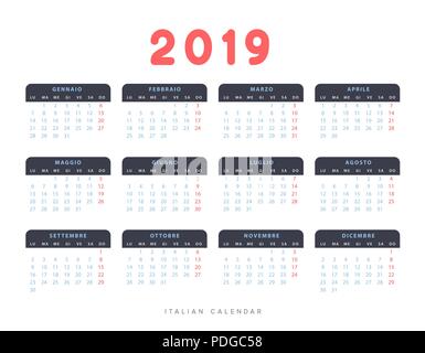 Calendrier italien simple pour 2019 ans,semaine commence le lundi. Illustration de Vecteur