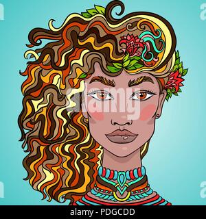 Hand drawn doodle visage de filles. Une belle femme aux longs cheveux. Vector illustration. Illustration de Vecteur