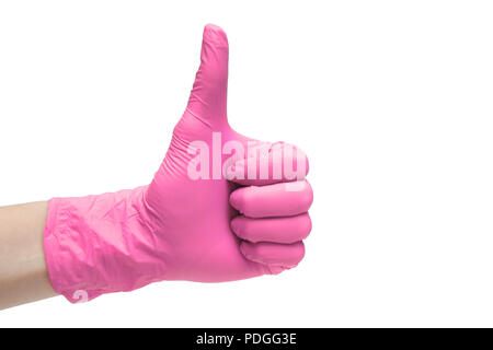 Comme le signe de l'icône rose gants médicaux. Main doigt vers le haut symbole. Thumbs up geste. Isolé sur fond blanc Banque D'Images