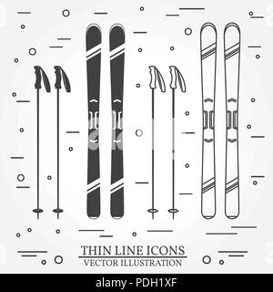 Équipement de ski d'ossature d'icônes. Set : skis et bâtons de ski . L'équipement d'hiver et d'icônes pour vos vacances en famille, activité ou voyage. Pour logo de Illustration de Vecteur