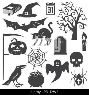 Icône vintage Halloween, de l'emblème ou l'étiquette. Vector illustration. Jeu Halloween : chat, citrouille, chauve-souris, Crow, crâne, arbre, bougie, ghost, spider, magic Illustration de Vecteur