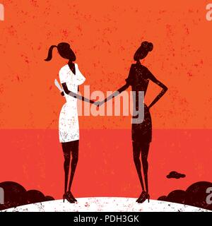 Businesswoman trompeuses Two businesswomen shaking hands avec l'un de se cacher un couteau derrière son dos. Illustration de Vecteur