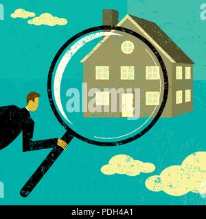 La recherche d'une maison. Un homme à travers une loupe sur une maison. Illustration de Vecteur