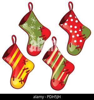Ensemble de couleur suspendus sock rouges et vertes isolé sur fond blanc. Esquisse pour carte de vœux, de l'affiche de fête, invitations de partie.Les attributs de Noël et Nouvel an. Vector illustration Illustration de Vecteur