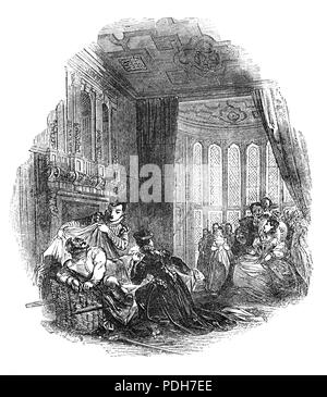 La reine Elizabeth I regardant une production de Les Joyeuses Commères de Windsor, une comédie de William Shakespeare d'abord publié en 1602, bien que l'on croit avoir été écrit en 1597 ou avant. Le Windsor de la pièce titre est une référence à la ville de Windsor, également l'emplacement du château de Windsor, dans le Berkshire, en Angleterre. Bien que nominalement fixé sous le règne de Henri IV, le jeu ne fait pas semblant d'exister en dehors de l'ère élisabéthaine anglais contemporain de la vie de la classe moyenne. Le jeu a probablement été effectuée lorsque j'ai assisté à Elizabeth Garter fête le 23 avril 1597. Banque D'Images