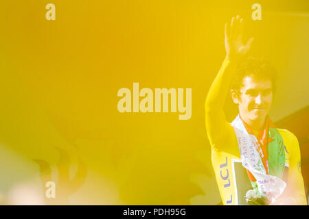 Cardiff, Wales, UK. 9 août 2018. Geraint Thomas à l'extérieur le château de Cardiff lors de célébrations des retrouvailles pour le Tour de France 2018 gagnant. Credit : Mark Hawkins/Alamy Live News Banque D'Images