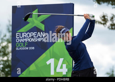 Gleneagles, Écosse, Royaume-Uni ; 9 août 2018. La deuxième journée du championnat d'Europe 2018 compétition à Gleneagles. Men's and Women's Team Championships Round Robin Phase groupe - 2ème tour. Quatre Match Play Ball format. L'hôtel de Géorgie tees off sur le 14e tee. Banque D'Images