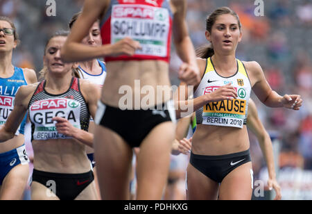 Berlin, Allemagne. 10 août, 2018. Championnats d'Europe d'athlétisme au Stade olympique : 3000 Mètres Obstacle, femmes, Tour 1 : Luiza Gega d'Albanie (L-R), Fabienne Schlumpf de Suisse et de l'Gesa-Felicitas Krause de l'Allemagne dans l'action. Crédit : Sven Hoppe/dpa/Alamy Live News Banque D'Images