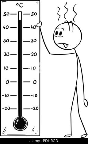 Caricature de Man Holding thermomètre Celsius montrant temps chaud ou la chaleur Illustration de Vecteur