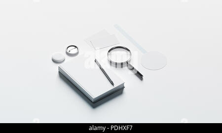 Bureau de l'édition du livre branding design maquette éléments, rendu 3D. Maquettes, objets vierge modèle magasin livresque. Papeterie librairie identity collection. Wobbler vide, cartes, broche, manuel. Banque D'Images