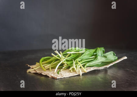 Ramson frais ail sauvage, choux vert dans un sac de jute sur un fond de bois foncé, selective focus Banque D'Images