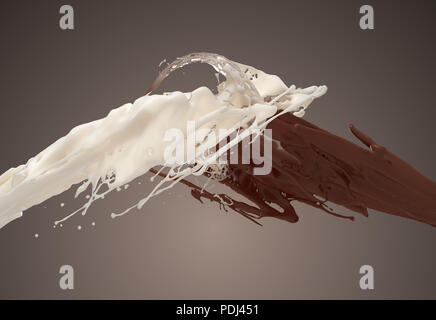 Le lait blanc et brun chocolat aux éclaboussures. 3D Illustration. Banque D'Images