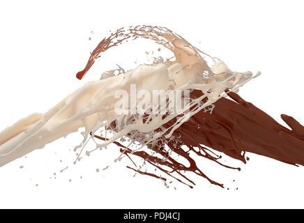 Le lait et le chocolat aux éclaboussures isolé sur fond blanc. 3D Illustration. Banque D'Images