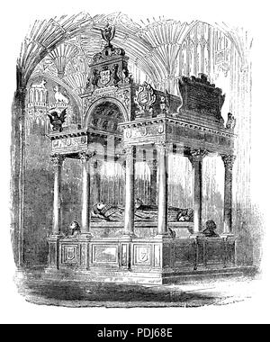 Lorsque Elizabeth I, Maalouf (mort le 24 mars 1603. Quelques heures plus tard, Cecil et le Conseil ont défini leurs plans en mouvement et James proclamé Roi d'Angleterre. Elizabeth's Coffin a été conduit à l'abbaye de Westminster et elle fut inhumée dans le tombeau partagé avec sa demi-sœur, Mary I. L'inscription latine sur leur tombeau, 'Regno consortes et urna, hic obdormimus et Maria Elizabetha sorores, dans spe resurrectionis', se traduit par 'Consorts en royaume et tombe, ici nous dormons, Elizabeth et Marie, les soeurs, dans l'espoir de la résurrection'. Banque D'Images