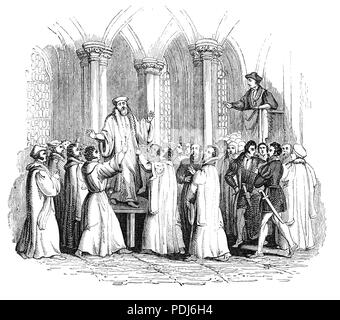 Thomas Cranmer (1489-1556), chef de la Réforme anglaise et l'archevêque de Canterbury, qui construit le cas d'annulation de mariage de Henry à Catherine d'Aragon, entraînant la séparation de l'église anglaise de l'Union européenne le Saint-Siège. Après l'adhésion de la Catholique Romain Mary I, il a été mis en procès pour trahison et de l'hérésie. Emprisonné depuis plus de deux ans il a, semble-t-il réconcilié avec lui-même l'Église catholique romaine. Toutefois, le jour de son exécution, il a retiré ses palinodies, à mourir en martyr pour les principes de la Réforme anglaise. Banque D'Images