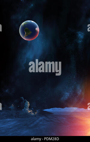 Celestial art numérique, plante de la terre à partir de la surface de la lune, les étoiles et les galaxies dans l'espace montrant la beauté de l'exploration spatiale. Texte Planète Banque D'Images