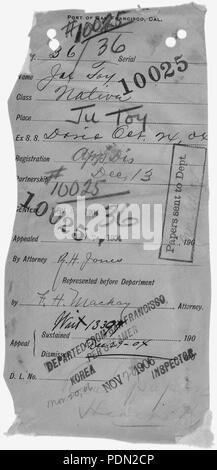 Fichier annoté Jacket (datée de Ju Toy arrivée le Oct 24, 1904 à 'Departed depuis San Francisco par bateau à vapeur... - Banque D'Images