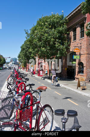 Les vélos et les cyclistes dans la voie cyclable sur l'avenue Pandora à Victoria, Colombie-Britannique, Canada. Victoria (Colombie-Britannique). Banque D'Images