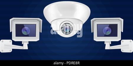 Caméra de sécurité définie. Mur et plafond système de surveillance CCTV sur fond bleu. Vue avant Illustration de Vecteur