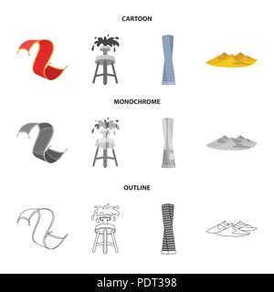 Tapis persan, dunes dans le désert, la Tour de Shanghai, puits de pétrole.arabes unis collection set icônes de cartoon,style monochrome,contour symbole vecteur sto Illustration de Vecteur