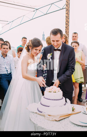 Vue rapprochée de la joyeuse coupe juste marié le gâteau de mariage Banque D'Images