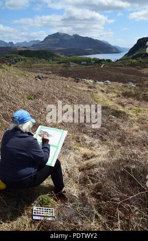 Une aquarelle peinture artiste peintre Loch Maree en Wester Ross Highlands Ecosse Banque D'Images