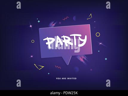 Bannière du parti. Violet horizontale flyer pour la conception de motifs géométriques avec des éléments décoratifs. Style Memphis affiches avec lettrage créatif. Mauvais vecteur Illustration de Vecteur