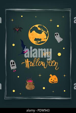 Happy Halloween lettrage manuscrit et cartoon maison de caractères sur fond sombre. Les éléments d'une affiche, flyer carte. Vector illustration. Illustration de Vecteur