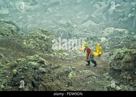 L'EST DE JAVA, INDONÉSIE - 2 octobre 2016 Miner porte paniers pleins de soufre dans les fumées toxiques des gaz volcaniques mines de soufre dans le cratère de l'activ Banque D'Images