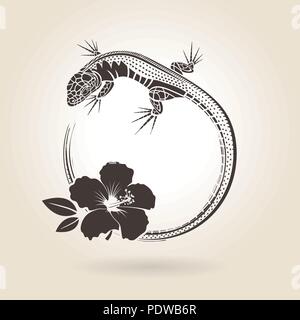 Lézard et l'icône d'hibiscus sur fond clair Illustration de Vecteur